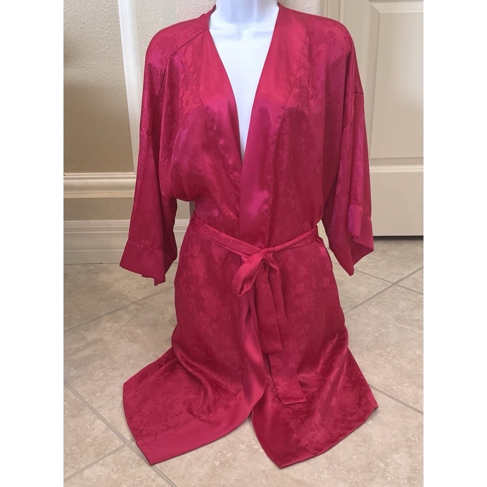 VTG Best United Garment Pink Floral Jacquard Satin Robe Lingerie Kimono Sz M/L